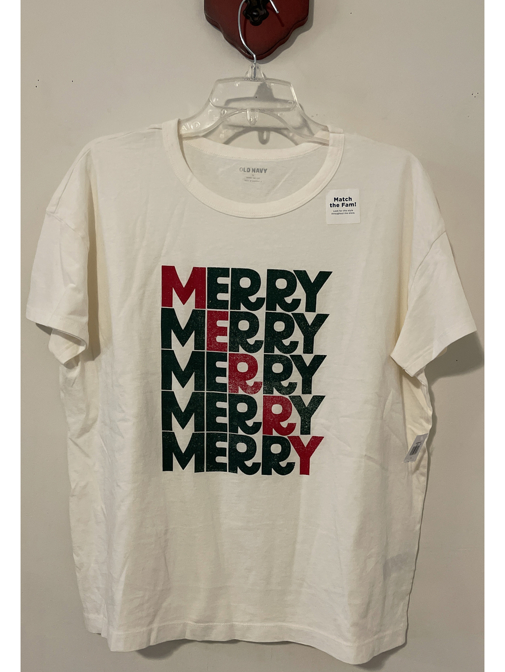 Old Navy Womens Large Ivory “Merry” Christmas Cotton Tshirt NWT! A7332